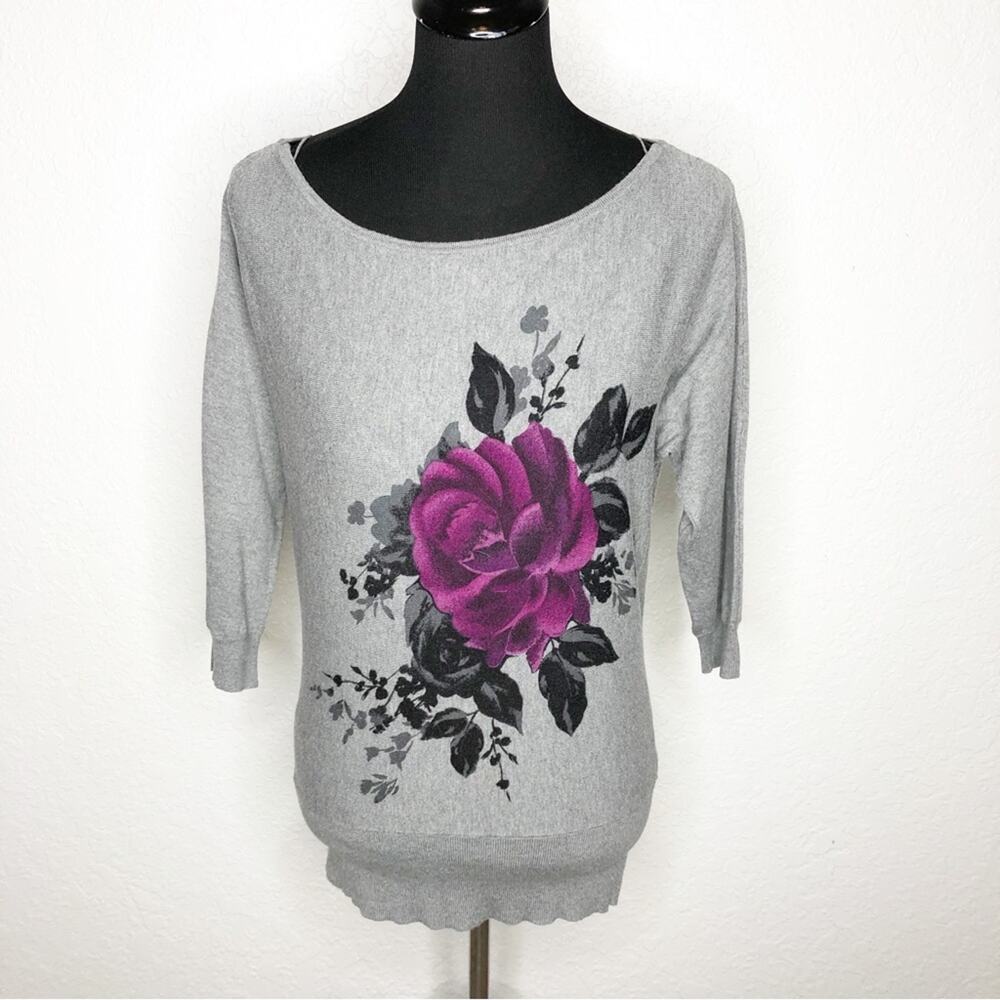 WHBM gray purple floral boatneck lightweight sweater size Extra Small XS